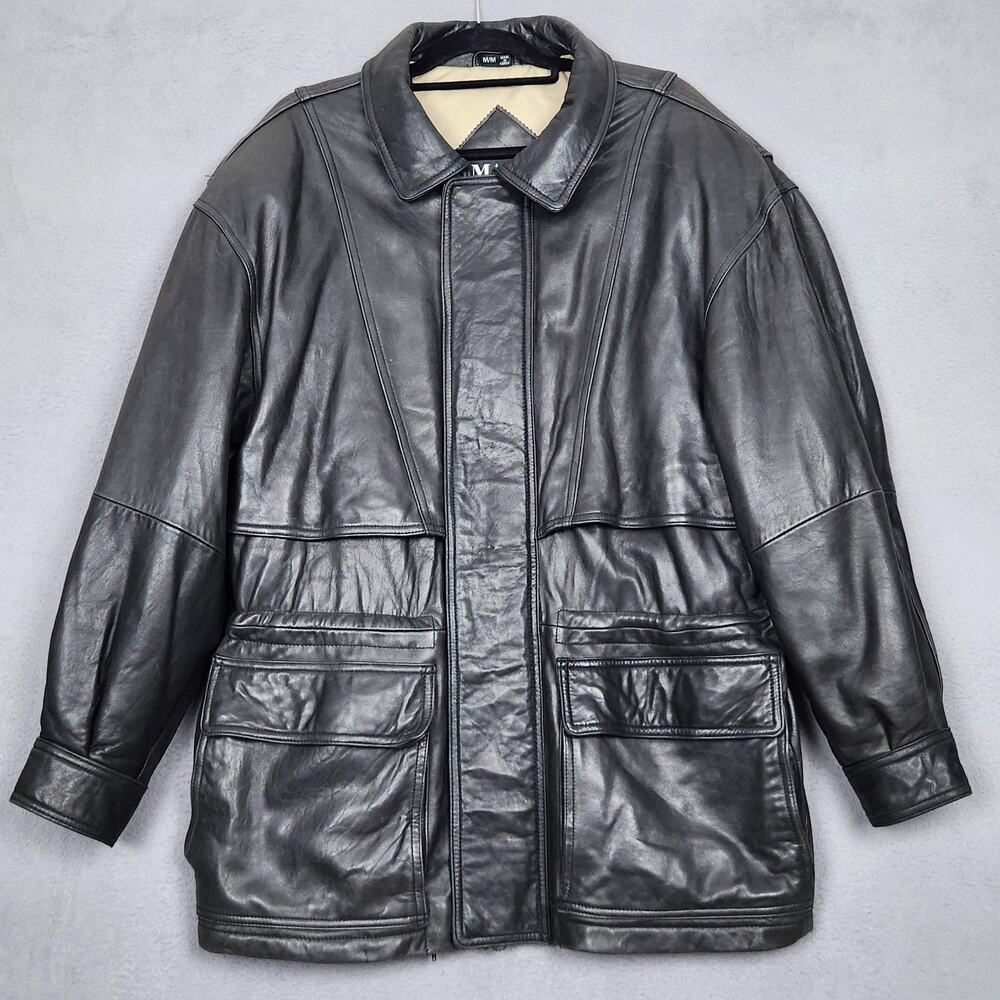 Marc New York Leather Jacket Mens Medium Black Bomber 4 Pocket Vintage Style 90s
